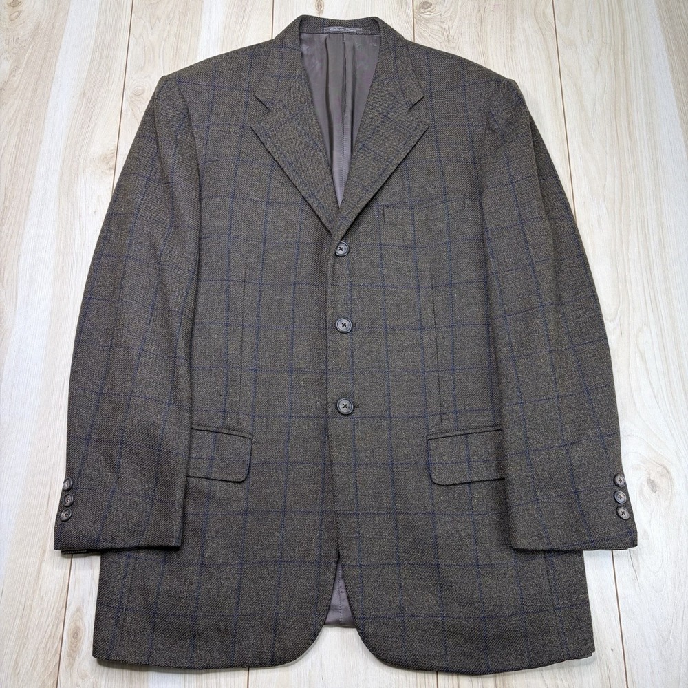 Corneliani Windowpane Virgin Wool Tweed Blazer Mens Size 40R Brown Sport Coat